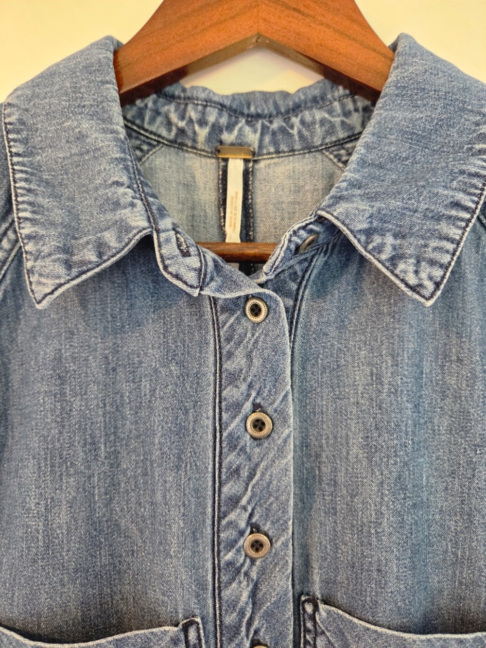Free People denim maxi dress L sleeveless button 1/4 front collar cowgirl boho - Picture 3 of 10
